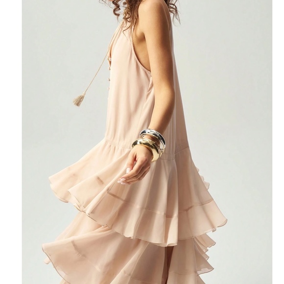 Solid Half Button Neck tie Sleeveless Layered Tiered Ruffle Maxi Dress - Picture 3 of 6